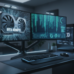 모니터에 그래픽 카드 모델명과 컴퓨터 시스템 정보가 표시된 현대적인 데스크탑 컴퓨터 설정.