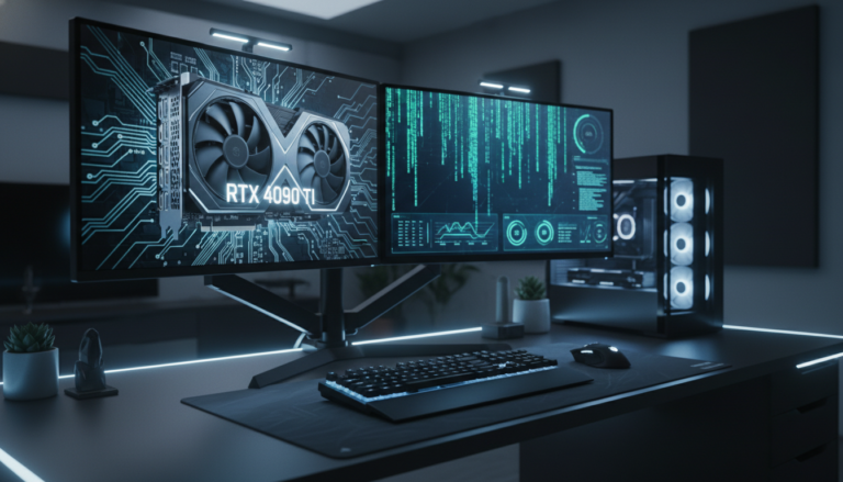 모니터에 그래픽 카드 모델명과 컴퓨터 시스템 정보가 표시된 현대적인 데스크탑 컴퓨터 설정.