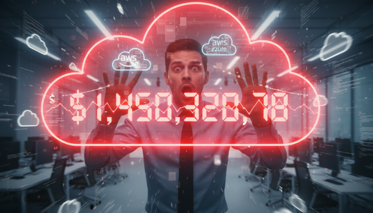 클라우드 비용 청구서를 보고 놀란 사람, AWS와 Azure 로고가 배경에 있는 거대한 청구서에 빨간색 숫자가 가득합니다.